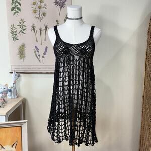 Y2k Black Sheer Crochet Babydoll Mini Dress Rave Festival Beach Dark Fairy XS S
